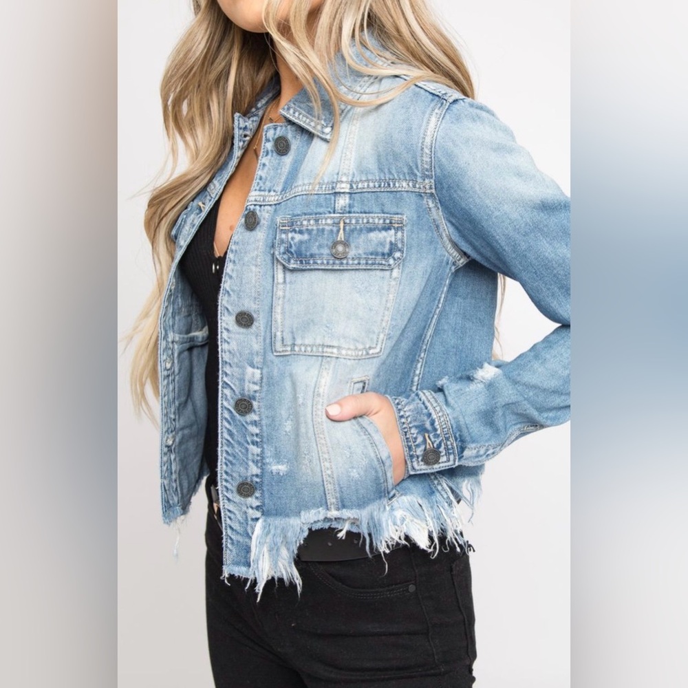 Hidden Distressed Jean Jacket with Sequined Patchwork on the Back - Picture 3 of 5